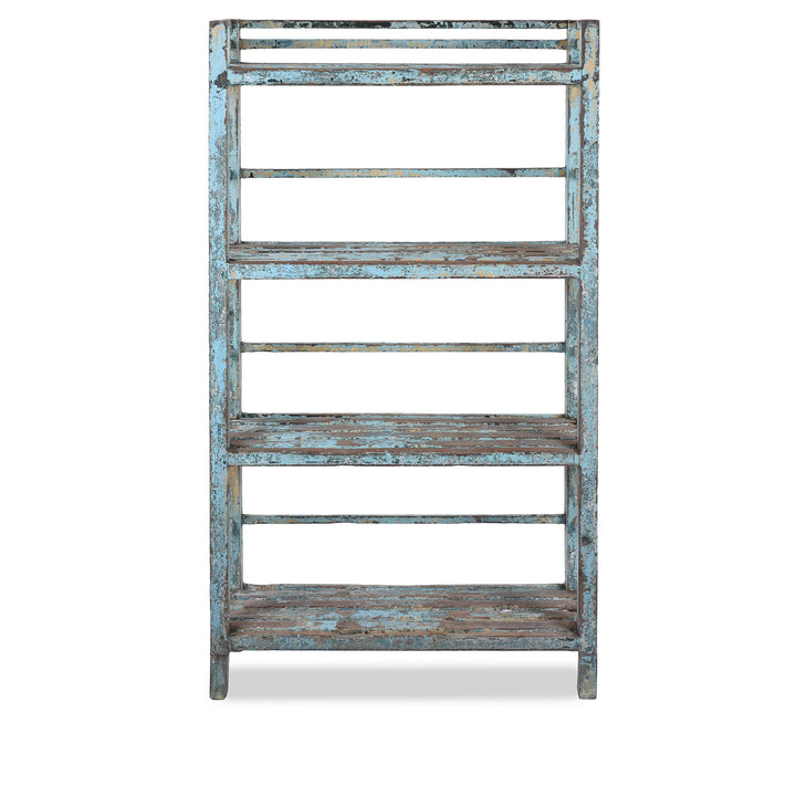 Vintage Blue Painted Indian Slatted Teak Shelf | Indigo Antiques