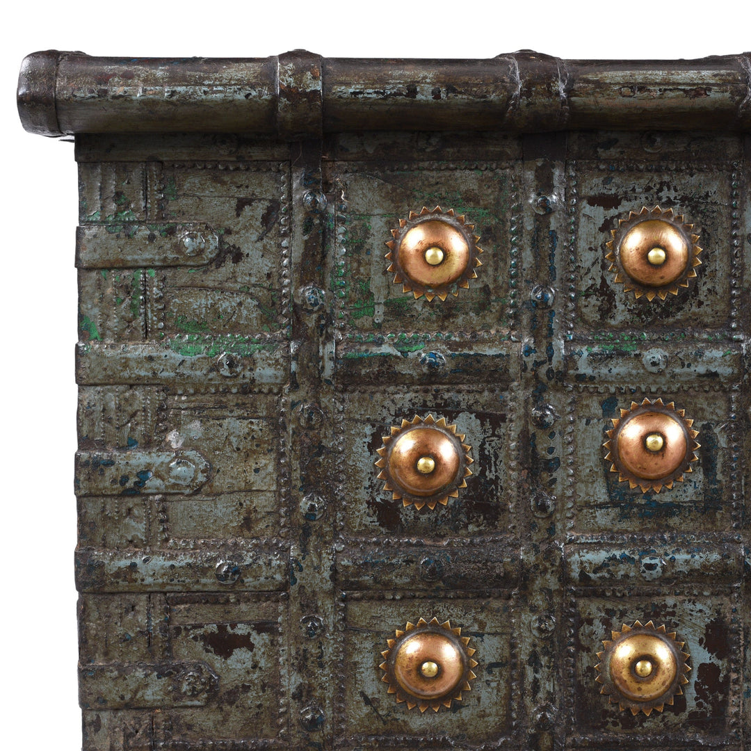 Corner Detail From Painted Teak Coffee Table Chest With Brass Studs And Iron Cladding From Gujarat India