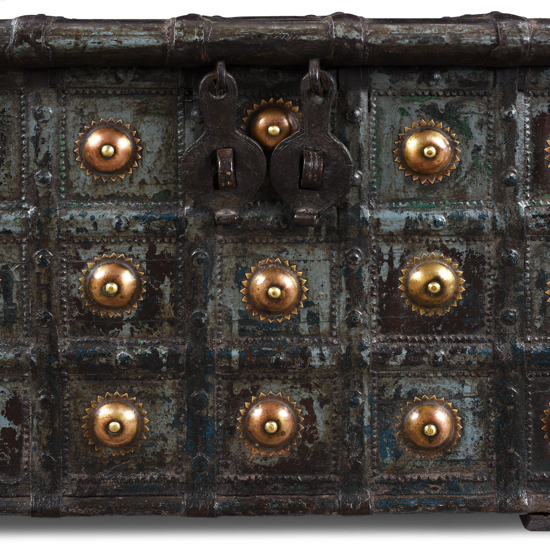 Detail View Of Brass Adornments And Hasp From Painted Teak Coffee Table Chest With Brass Studs And Iron Cladding From Gujarat India