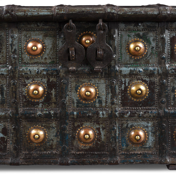 Detail View Of Brass Adornments And Hasp From Painted Teak Coffee Table Chest With Brass Studs And Iron Cladding From Gujarat India
