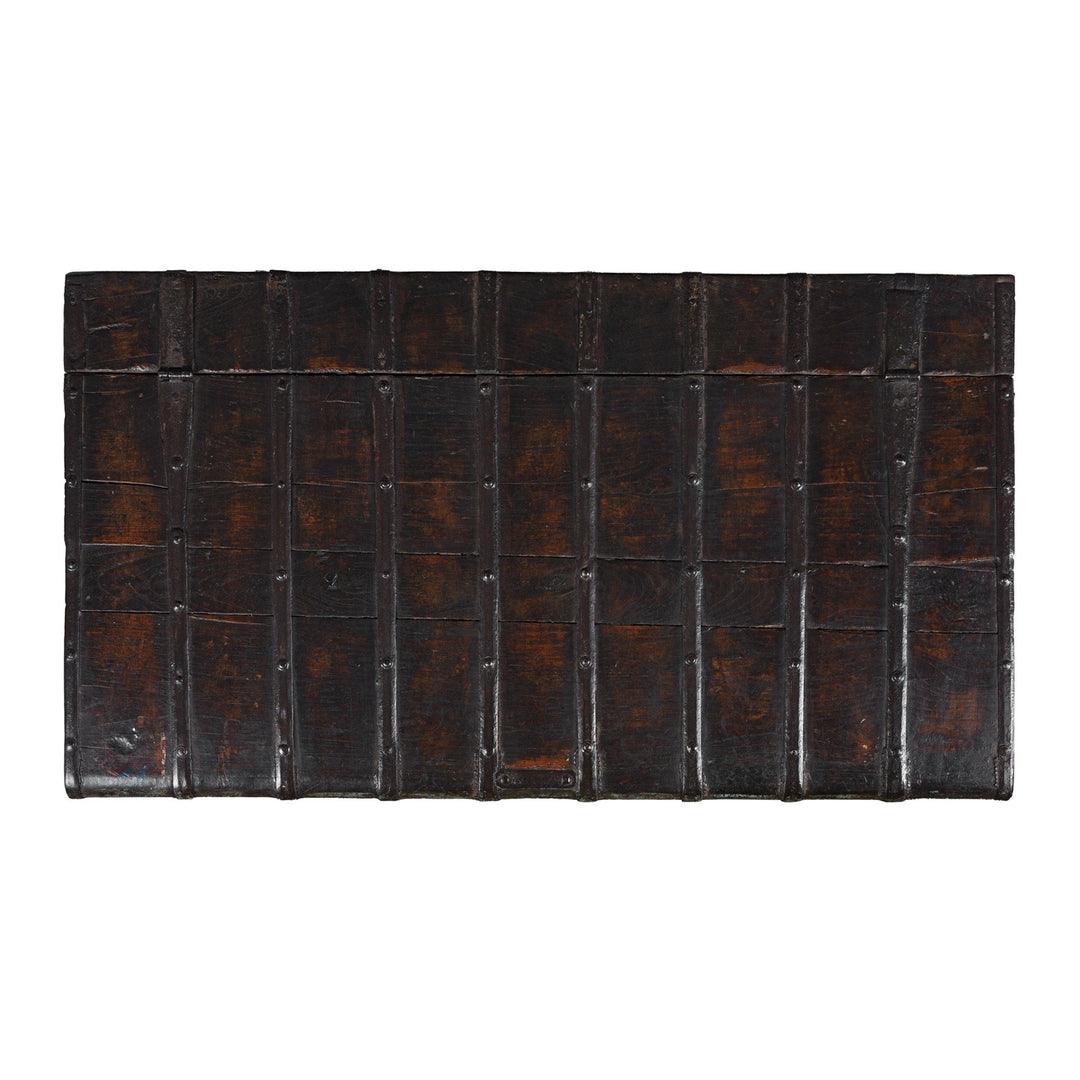 Top Down View Of Painted Teak Coffee Table Chest With Brass Studs And Iron Cladding From Gujarat India