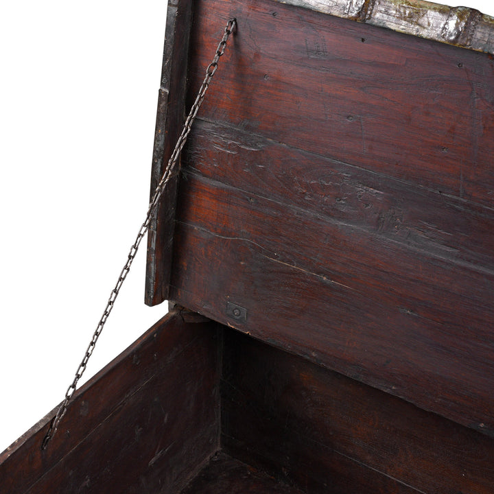 Detail Of Chain From Painted Teak Coffee Table Chest With Brass Studs And Iron Cladding From Gujarat India