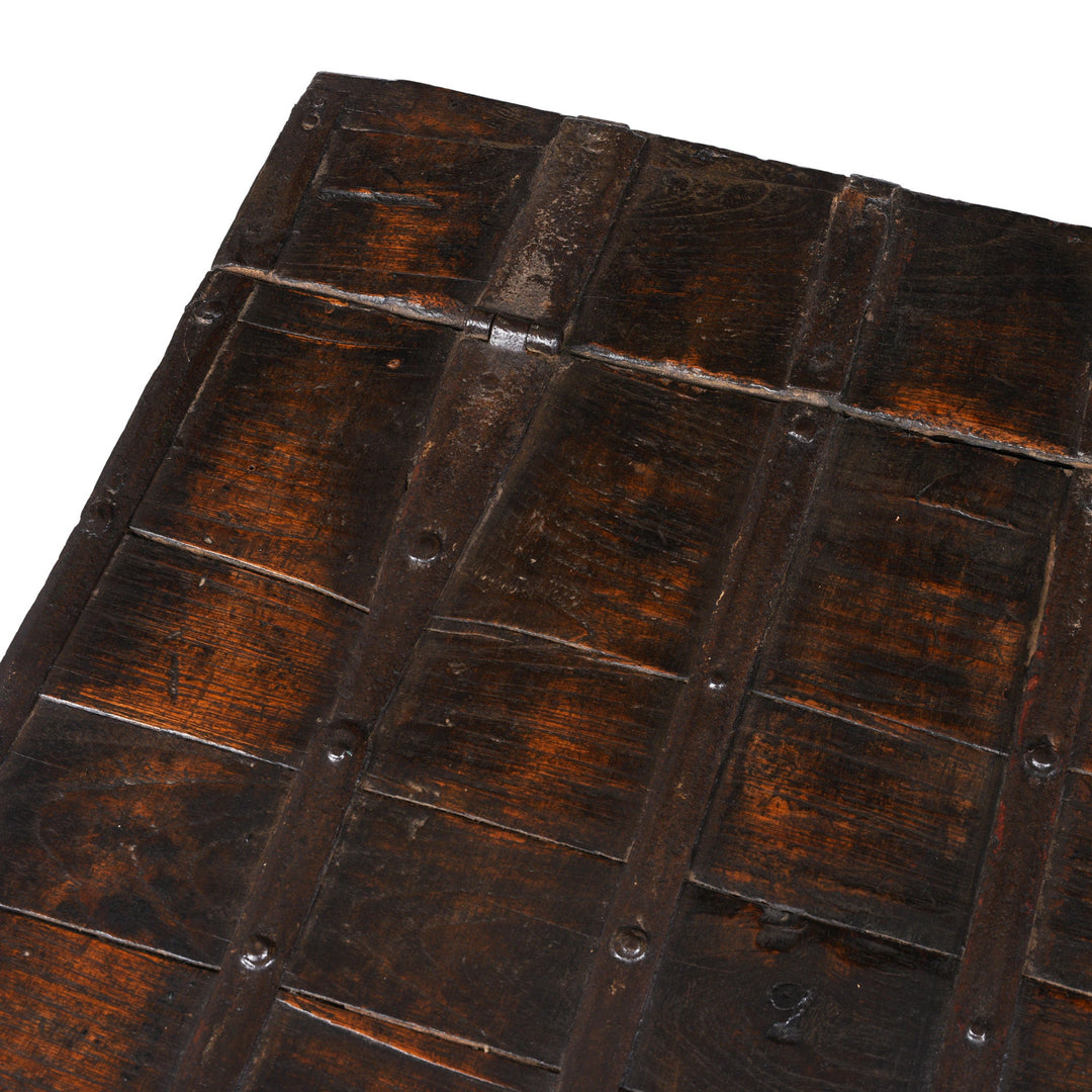 Detail View Of Hinge From Painted Teak Coffee Table Chest With Brass Studs And Iron Cladding From Gujarat India