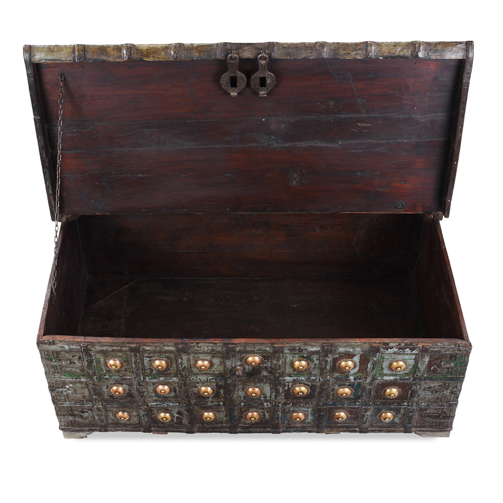 Interior View Of Painted Teak Coffee Table Chest With Brass Studs And Iron Cladding From Gujarat India