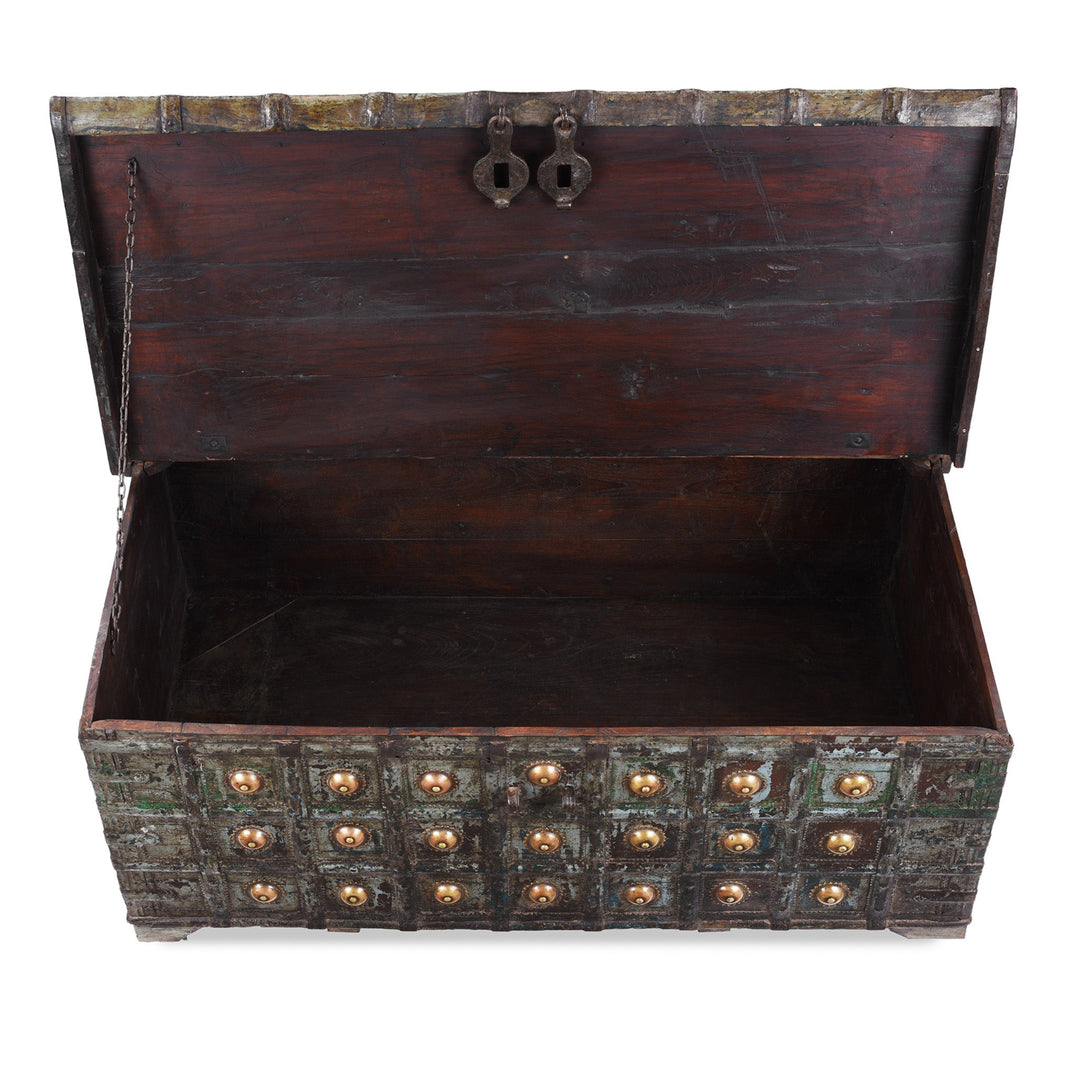 Interior View Of Painted Teak Coffee Table Chest With Brass Studs And Iron Cladding From Gujarat India
