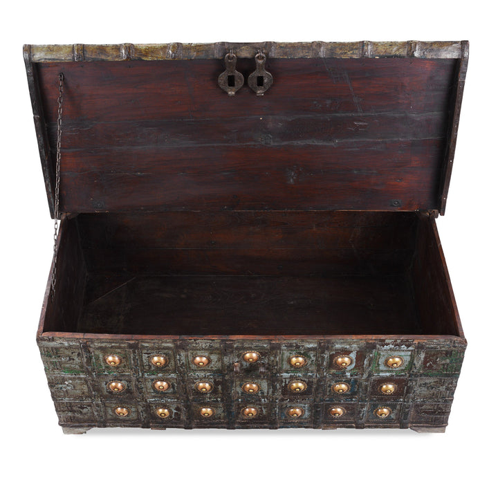 Interior View Of Painted Teak Coffee Table Chest With Brass Studs And Iron Cladding From Gujarat India