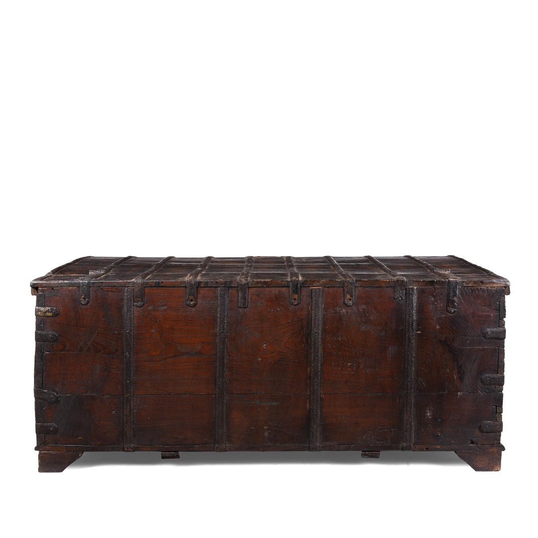 View Of Back Of Painted Teak Coffee Table Chest With Brass Studs And Iron Cladding From Gujarat India