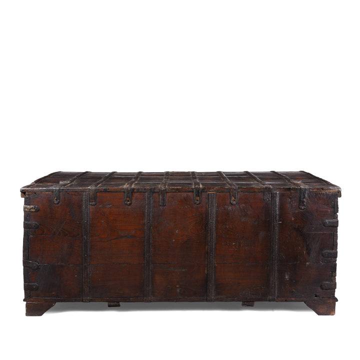 View Of Back Of Painted Teak Coffee Table Chest With Brass Studs And Iron Cladding From Gujarat India