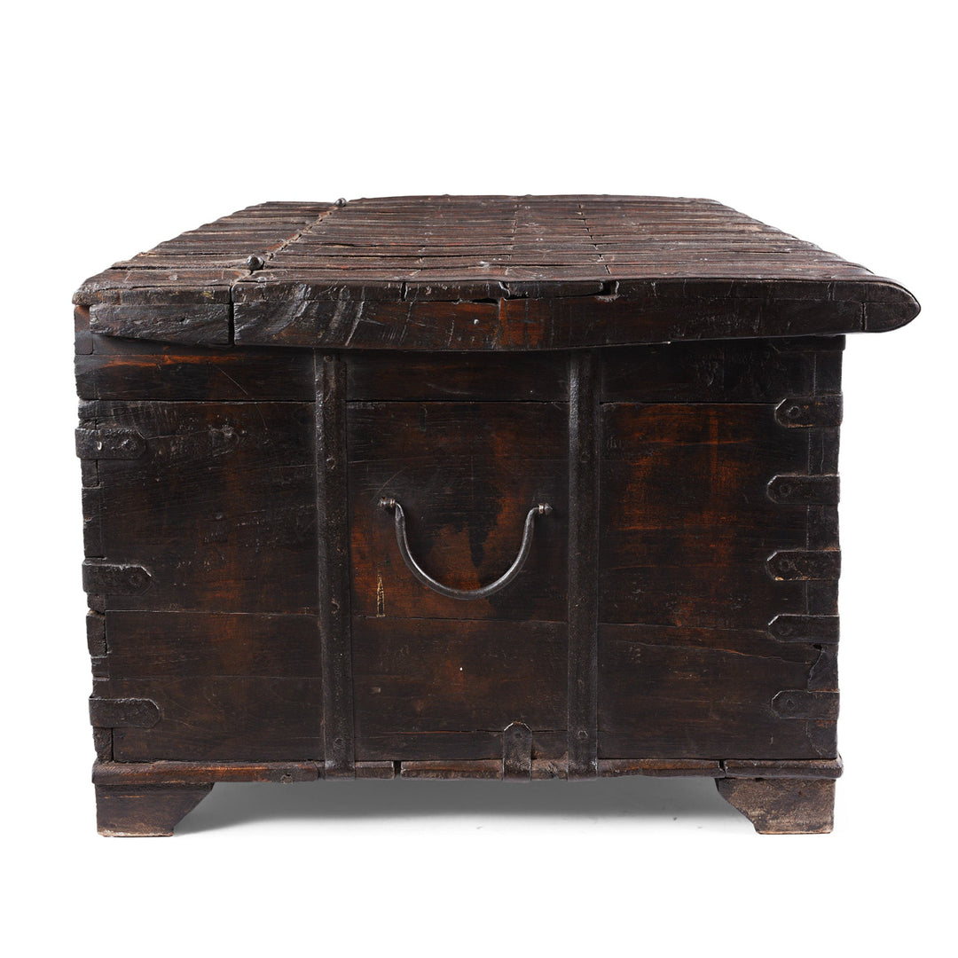 Side View Of Painted Teak Coffee Table Chest With Brass Studs And Iron Cladding From Gujarat India
