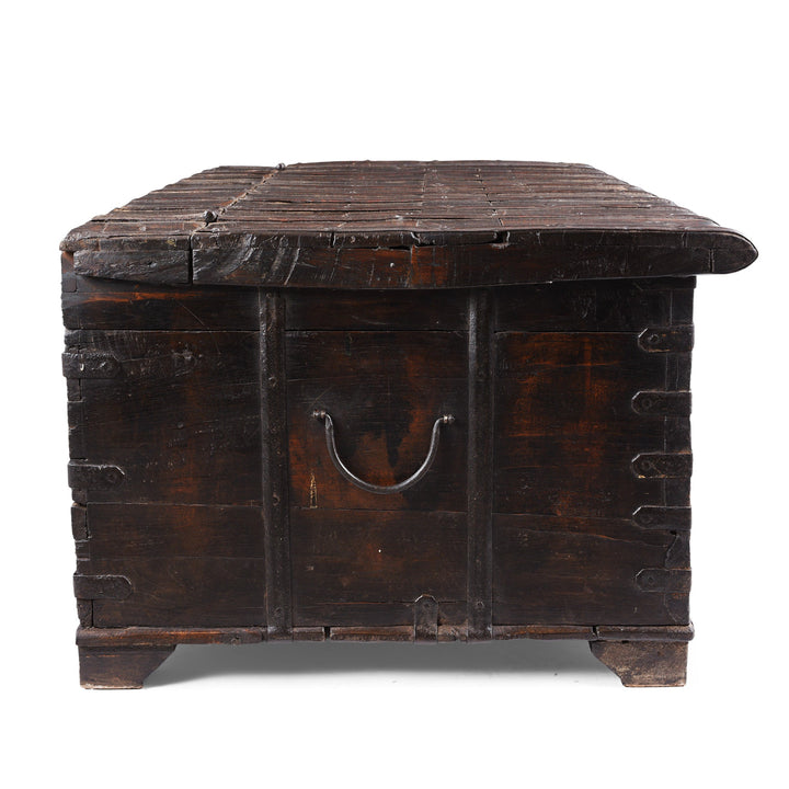 Side View Of Painted Teak Coffee Table Chest With Brass Studs And Iron Cladding From Gujarat India