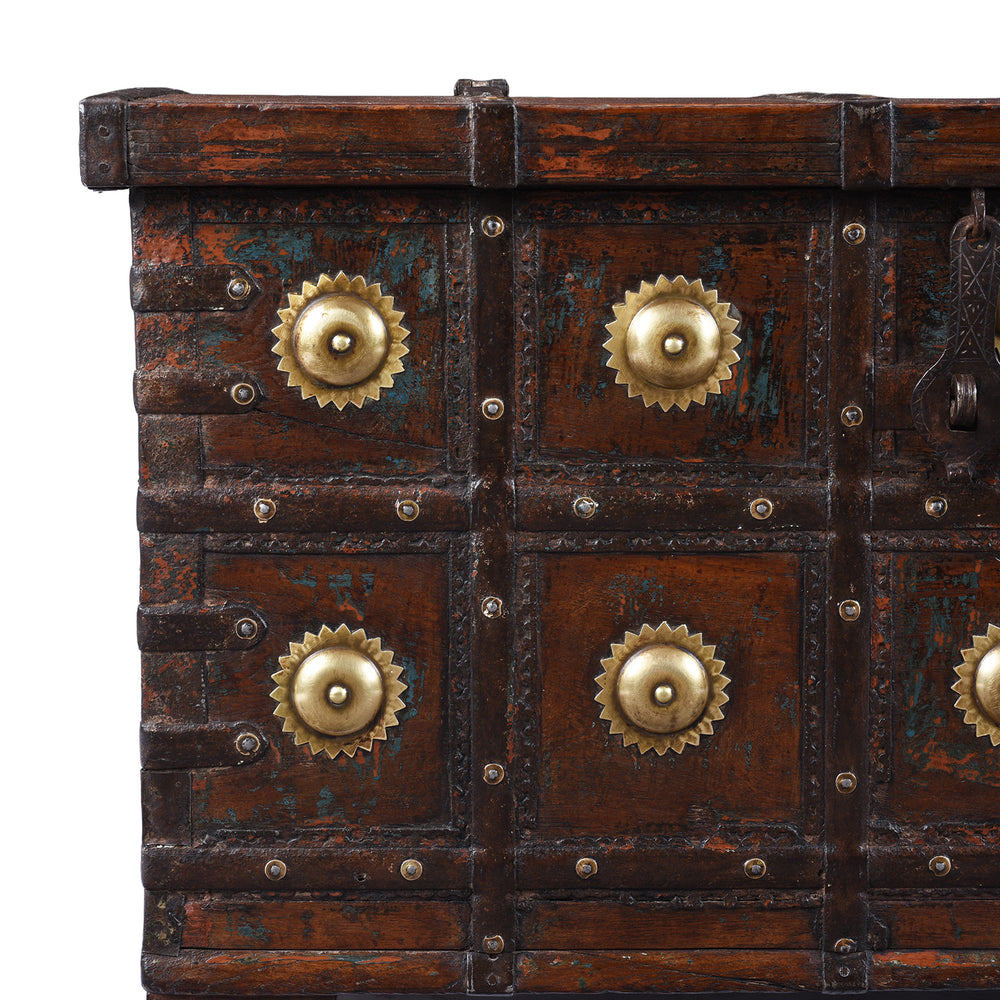 Corner Detail from Antique Indian Painted Teak Coffee Table Chest 