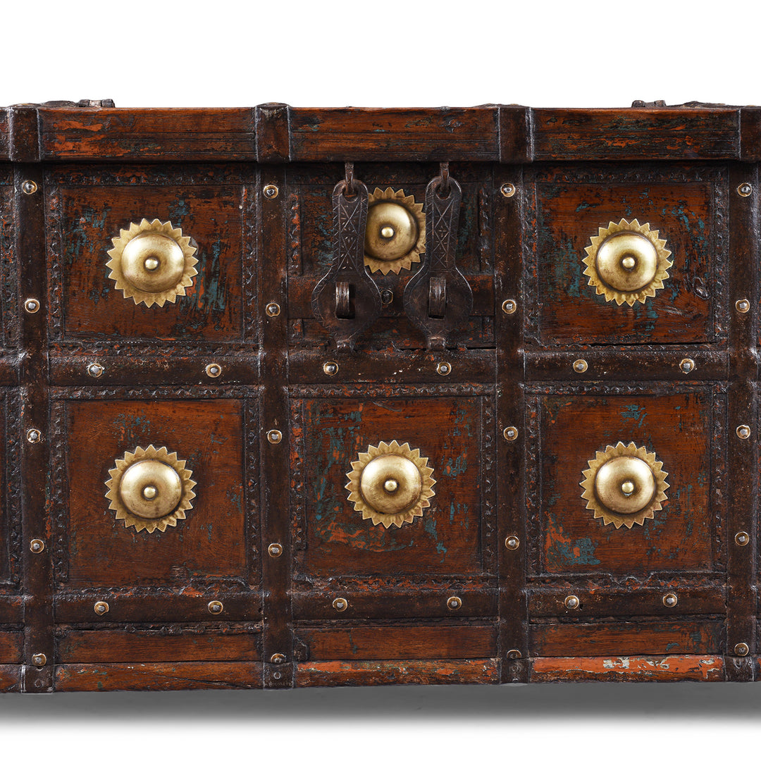 Detail From Antique Indian Painted Teak Coffee Table Chest 