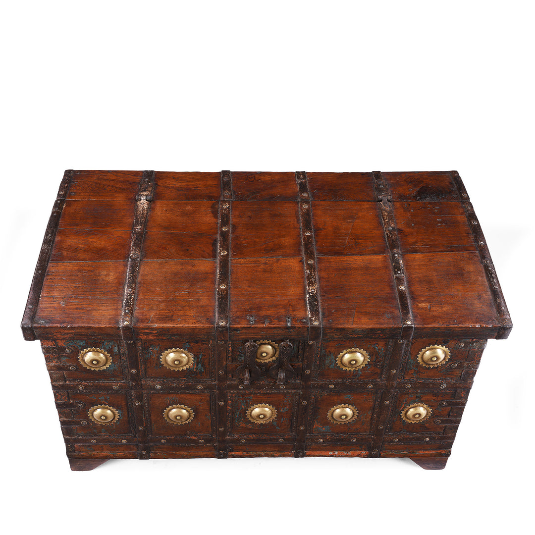 Top Down VIew Of Antique Indian Painted Teak Coffee Table Chest 
