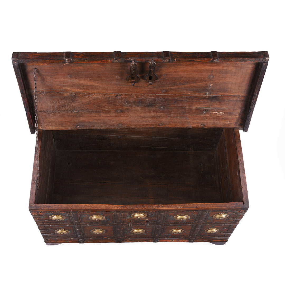 Interior Of Antique Indian Painted Teak Coffee Table Chest 