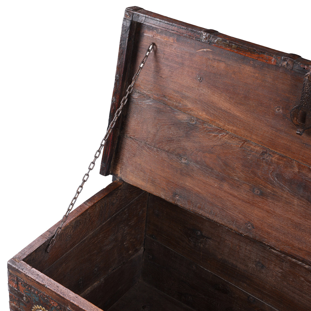 Chain Detail From Antique Indian Painted Teak Coffee Table Chest 