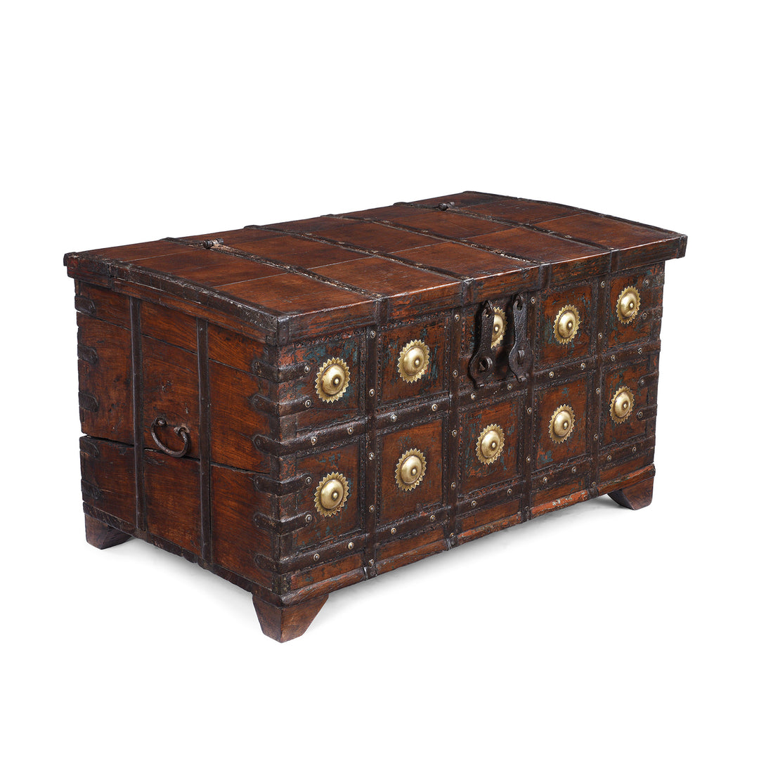 Angled  VIew Of Antique Indian Painted Teak Coffee Table Chest 