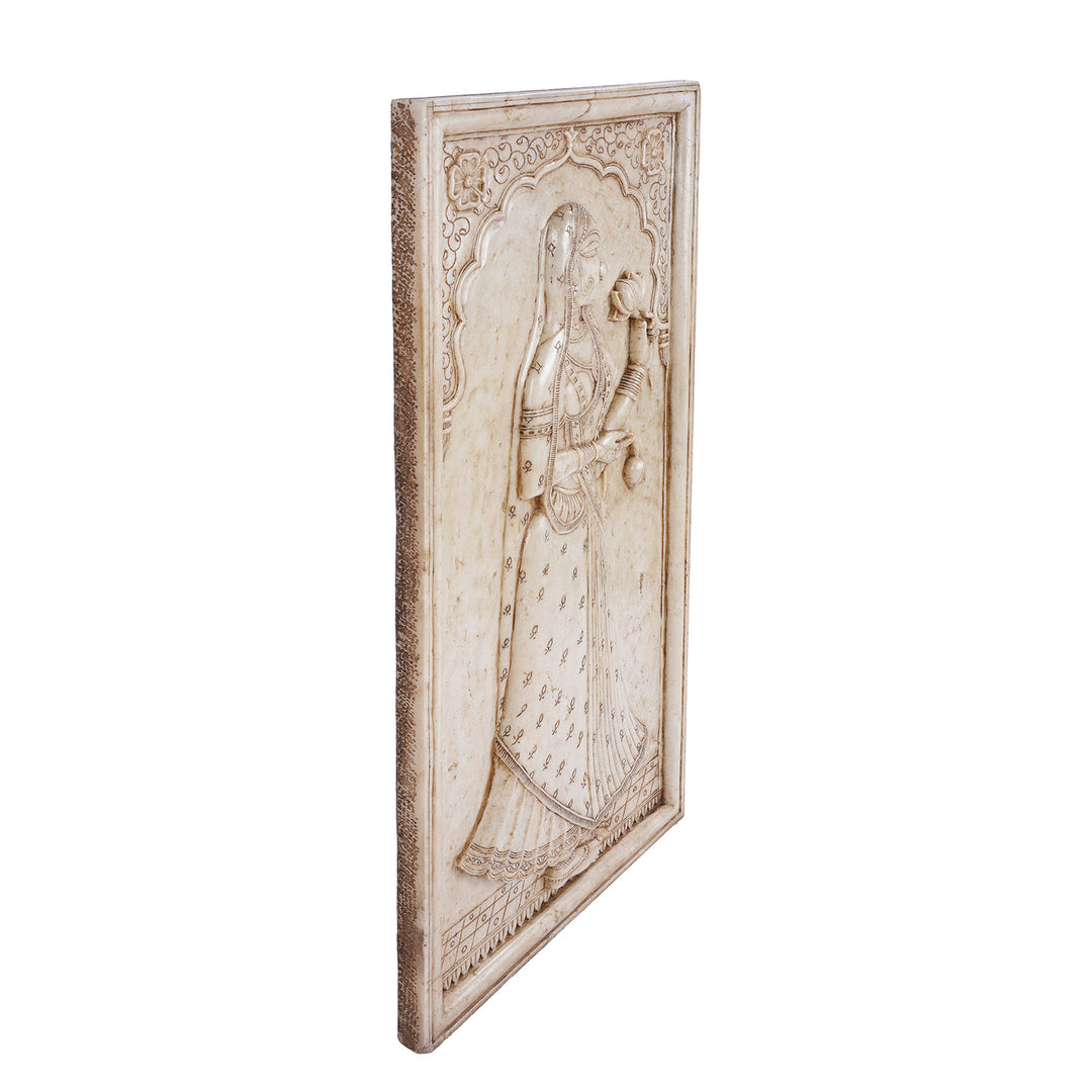Angled View Of Carved Indian Marble Panel Of A Maharani | Indigo Antiques