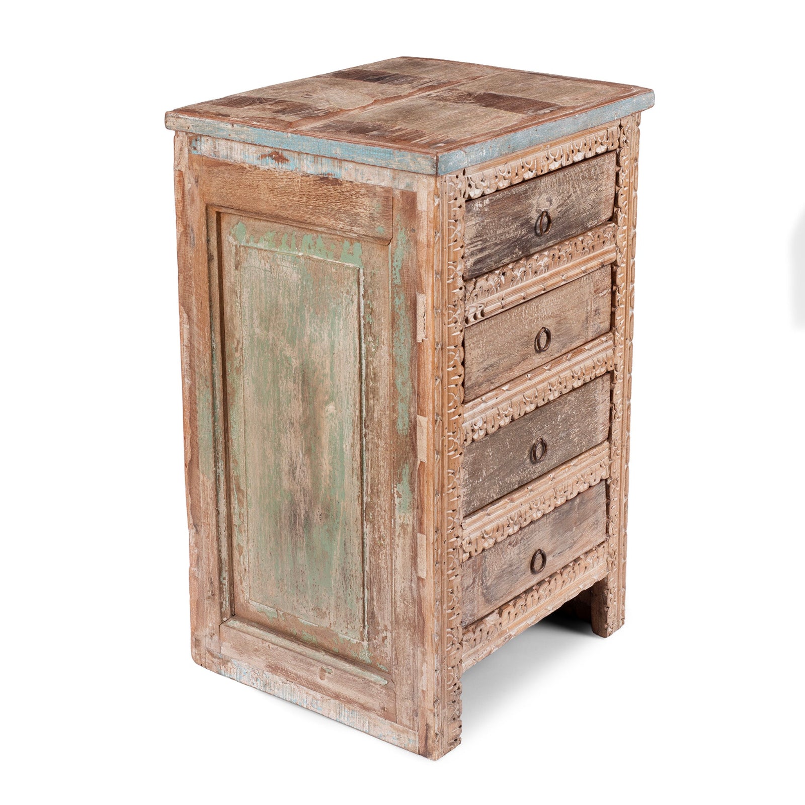 Angled View Of Four Drawer Bedside Cabinet Made From Reclaimed Teak | Indigo Antiques