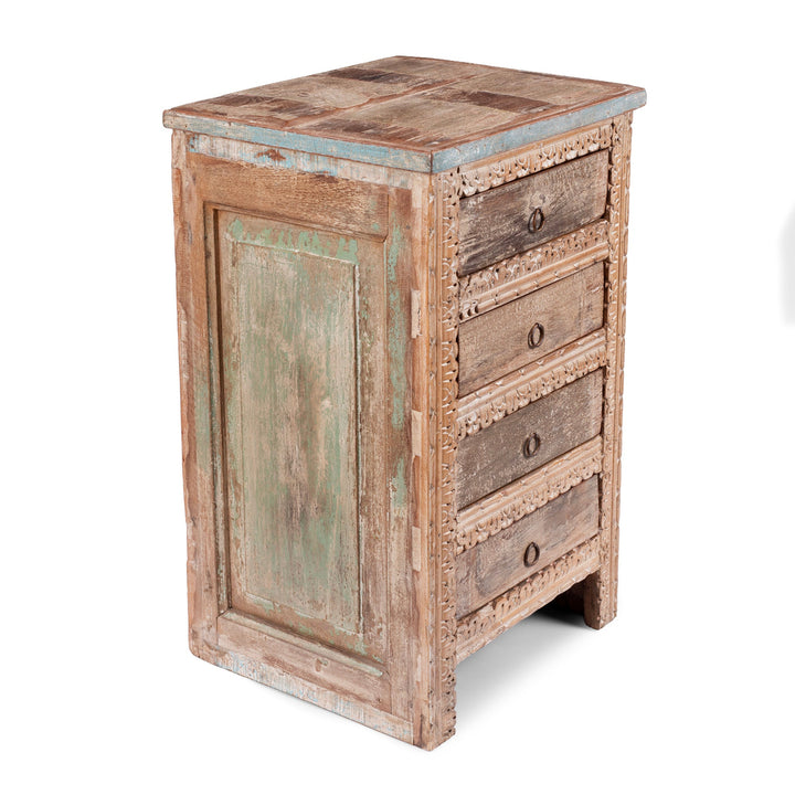 Angled View Of Four Drawer Bedside Cabinet Made From Reclaimed Teak | Indigo Antiques