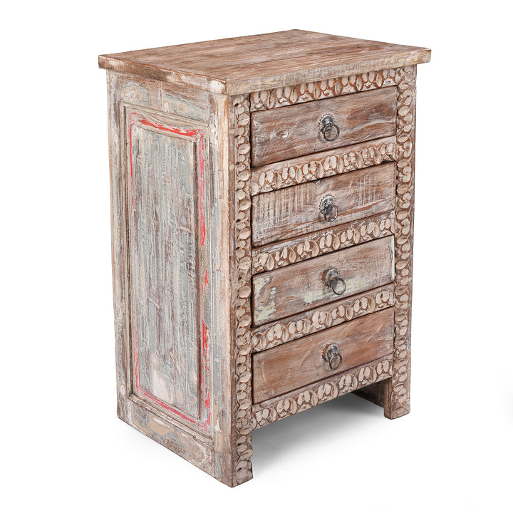 Angled VIew Of 4 Drawer Bedside Cabinet Made From Reclaimed Teak | Indigo Antiques