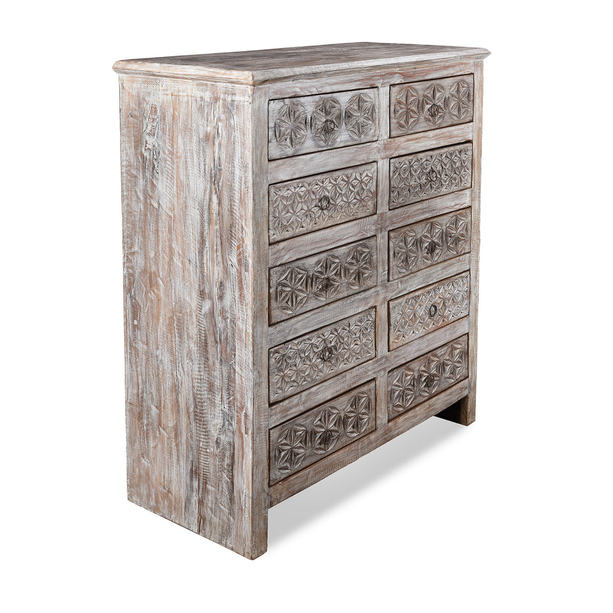Angled View Of Carved Chest Of 10 Drawers Made From Reclaimed Teak | Indigo Antiques