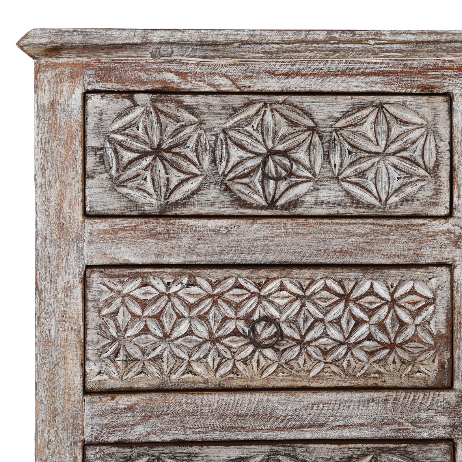 Corner Detail From Carved Chest Of 10 Drawers Made From Reclaimed Teak | Indigo Antiques