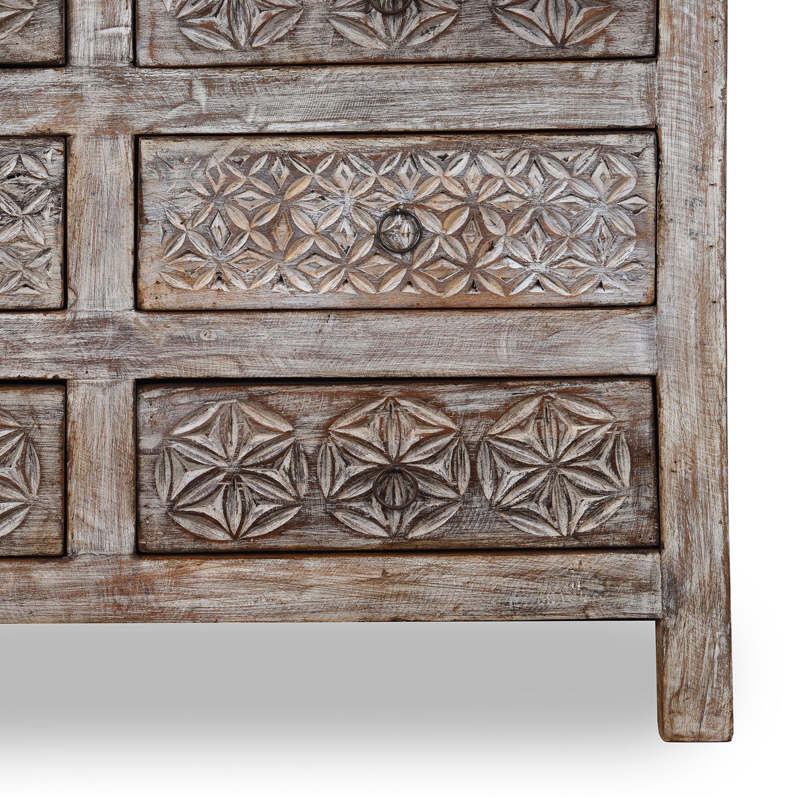Leg Detail From Carved Chest Of 10 Drawers Made From Reclaimed Teak | Indigo Antiques