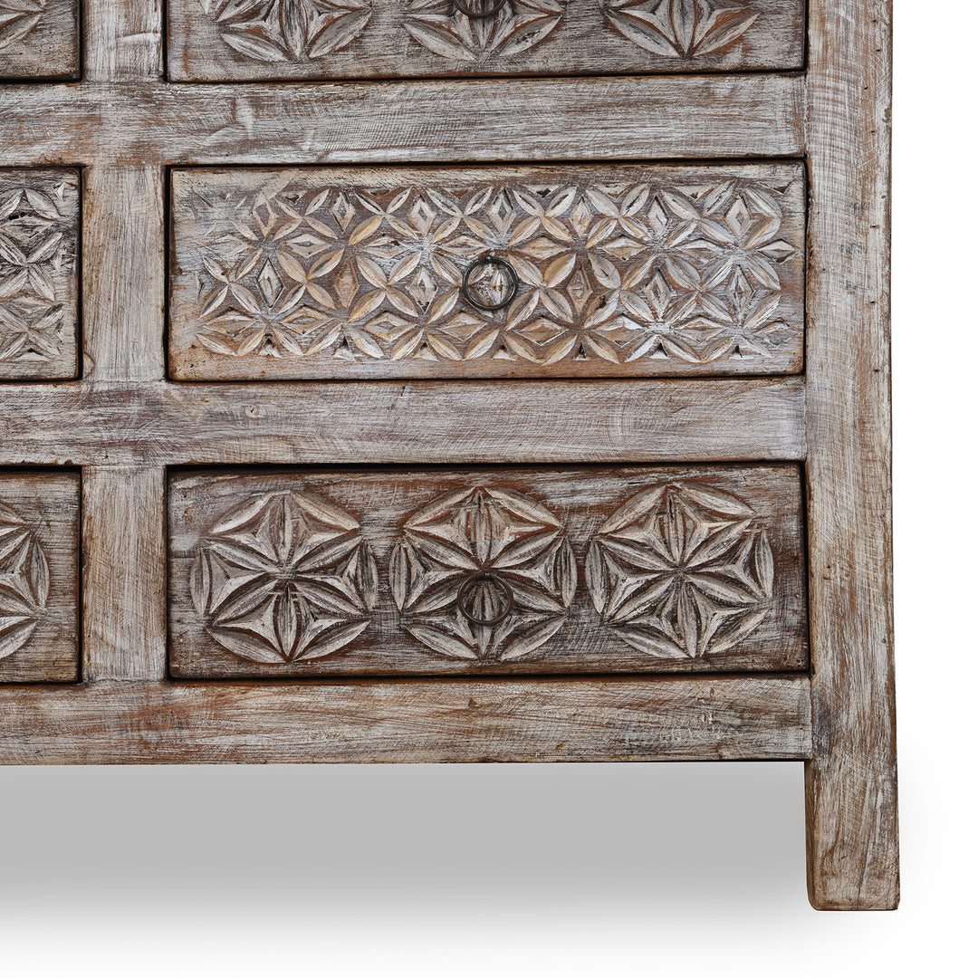 Leg Detail From Carved Chest Of 10 Drawers Made From Reclaimed Teak | Indigo Antiques