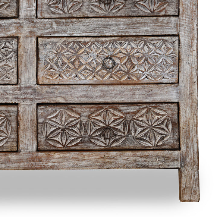 Leg Detail From Carved Chest Of 10 Drawers Made From Reclaimed Teak | Indigo Antiques