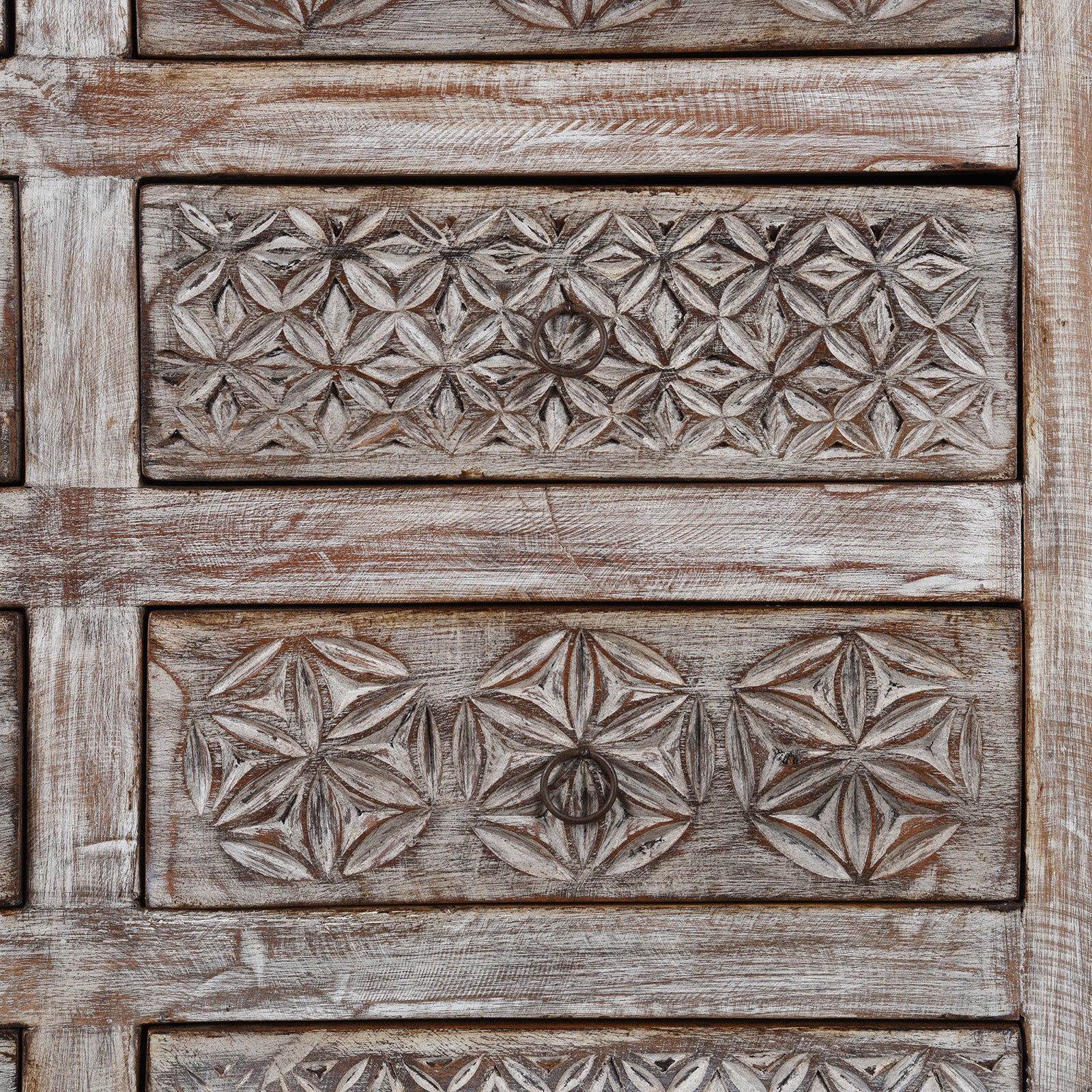 Drawer Carving Detail From Carved Chest Of 10 Drawers Made From Reclaimed Teak | Indigo Antiques
