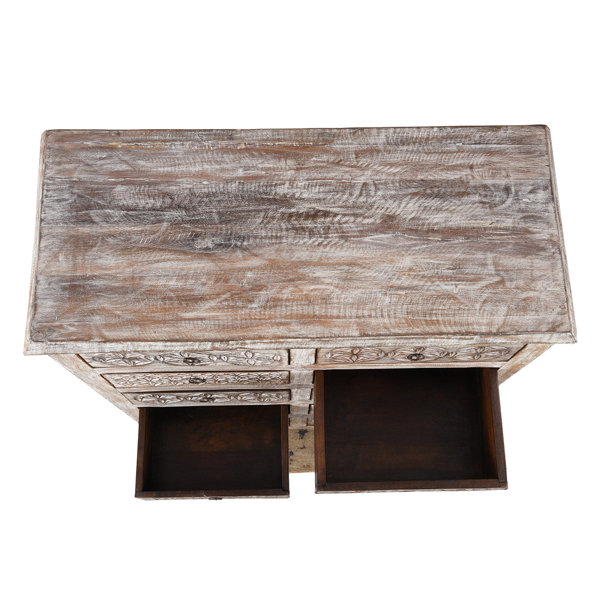 Top Down View Of Carved Chest Of 10 Drawers Made From Reclaimed Teak | Indigo Antiques