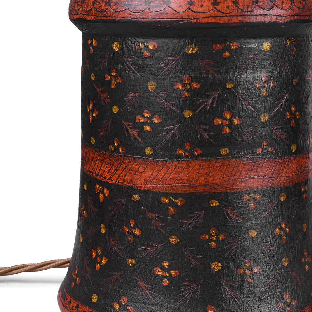 Indian Barma Style Hand Painted Wooden Table Lamp With Floral Pattern And Dark Finish | Indigo Antiques