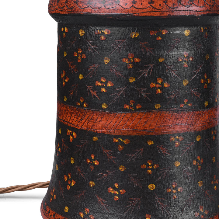 Indian Barma Style Hand Painted Wooden Table Lamp With Floral Pattern And Dark Finish | Indigo Antiques