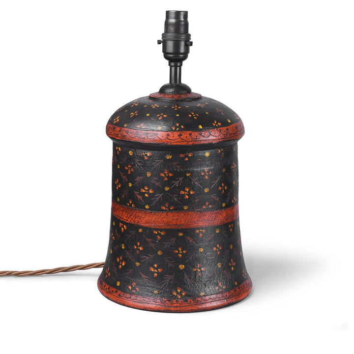 Indian Barma Style Hand Painted Wooden Table Lamp With Floral Pattern And Dark Finish | Indigo Antiques