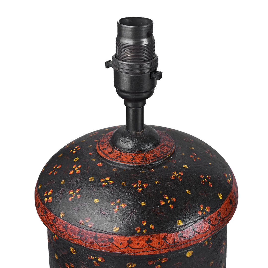 Indian Barma Style Hand Painted Wooden Table Lamp With Floral Pattern And Dark Finish | Indigo Antiques