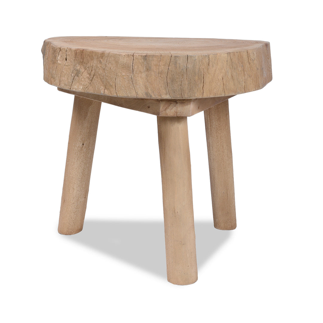 Rustic Indian Solid Wood Chopping Block Style Three Legged Side Table With Natural Grain