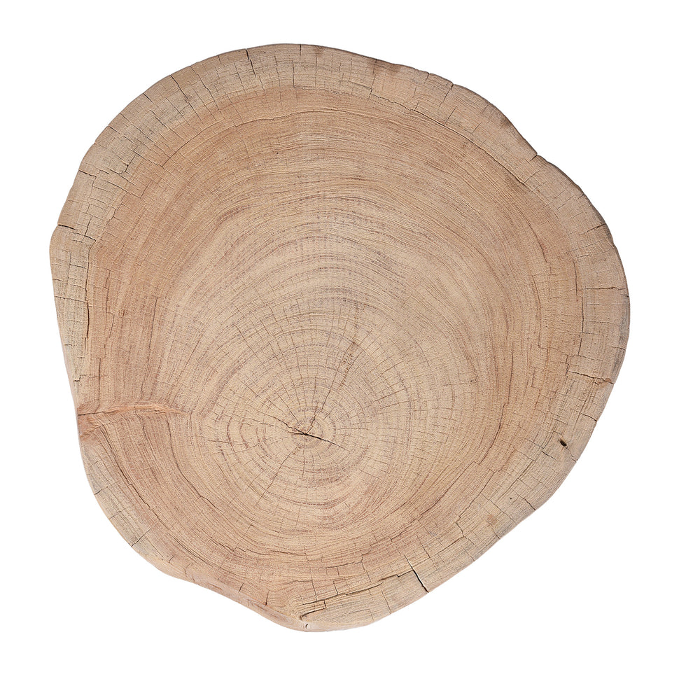 Top Down View Of Rustic Indian Solid Wood Chopping Block Style Three Legged Side Table With Natural Grain