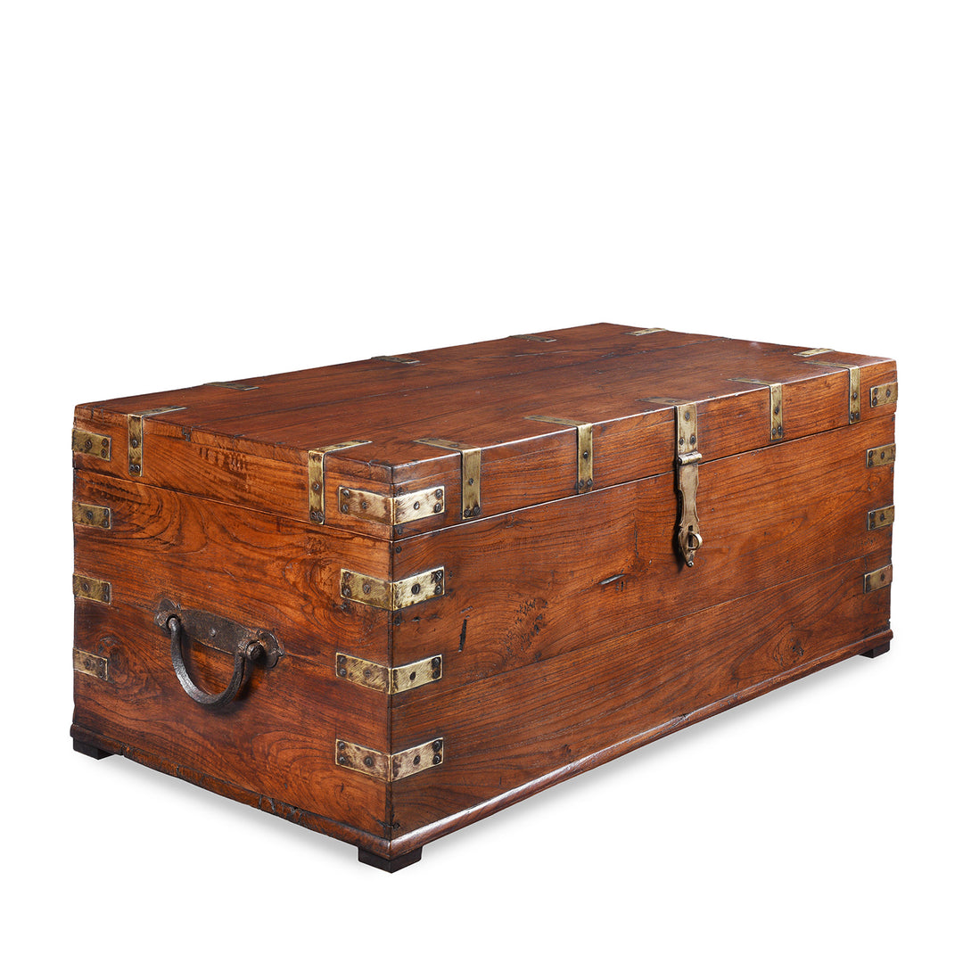 Angled VIew Of Antique Indian Brass Bound Military Chest | Indigo Antiques
