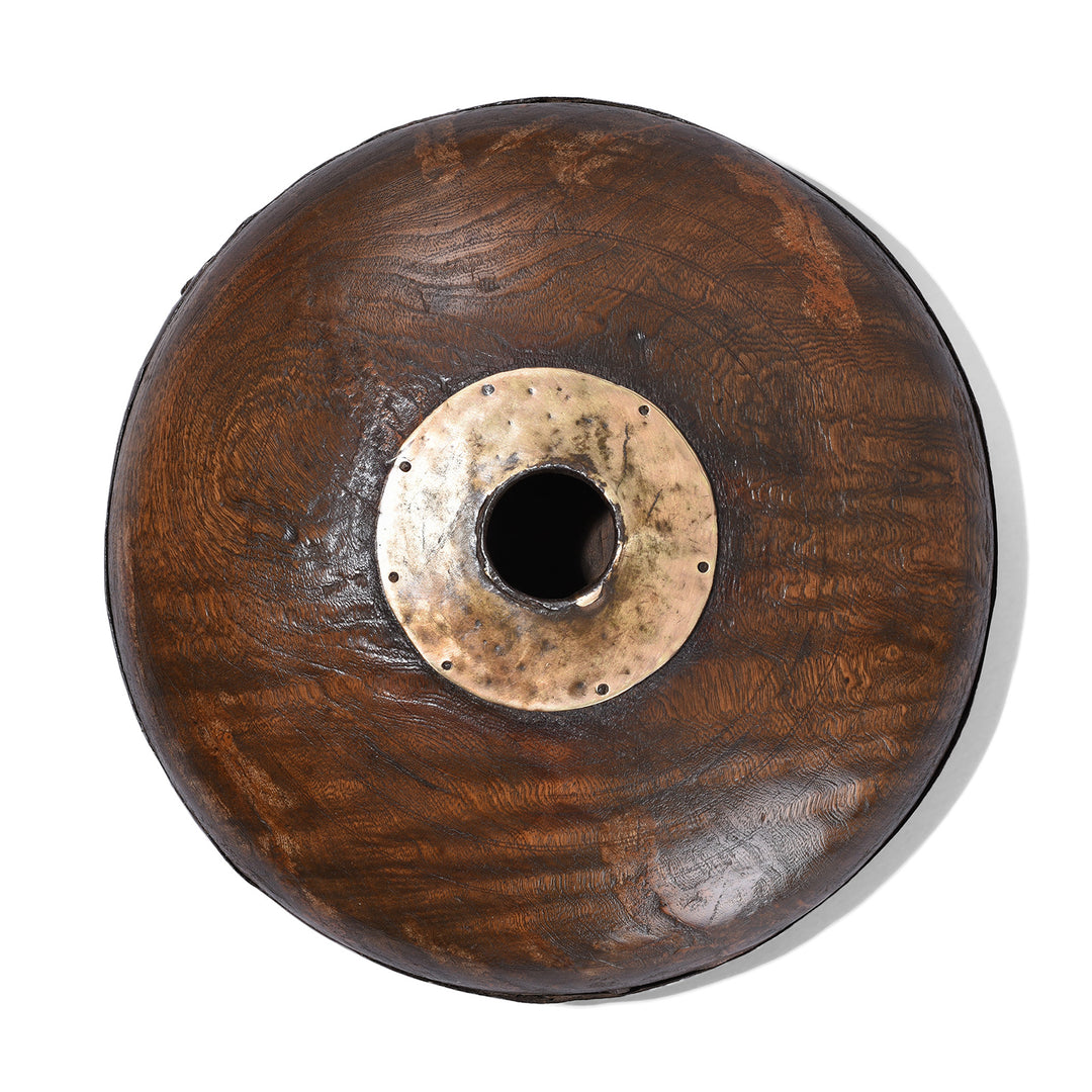 Top Down VIew Of Antique Carved Roheda Wood Opium Container With Iron Banding And Metal-Rimmed Opening From Rajasthan
