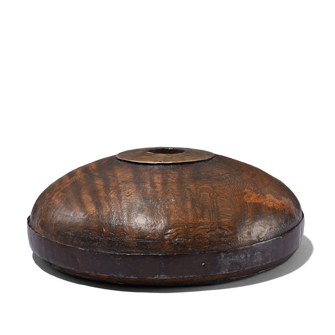 Antique Carved Roheda Wood Opium Container With Iron Banding And Metal-Rimmed Opening From Rajasthan