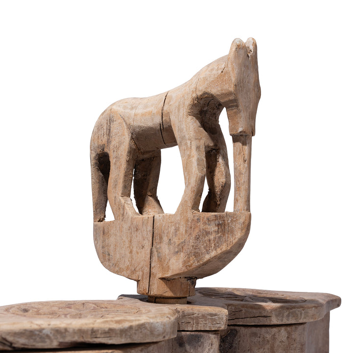 Detailed View Of Horse Carving From Carved Teak Tika Box From Banswara Rajasthan With Lotus Decoration And Horse Handle 19th Century