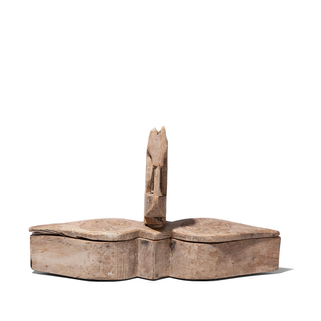 Angled View Of Carved Teak Tika Box From Banswara Rajasthan With Lotus Decoration And Horse Handle 19th Century