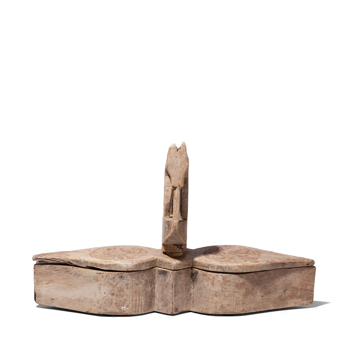 Angled View Of Carved Teak Tika Box From Banswara Rajasthan With Lotus Decoration And Horse Handle 19th Century