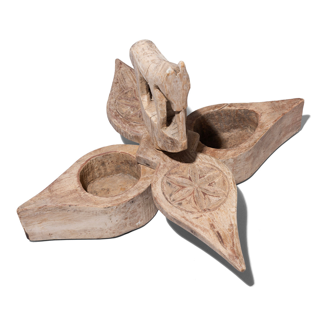 Internal View Of Carved Teak Tika Box From Banswara Rajasthan With Lotus Decoration And Horse Handle 19th Century