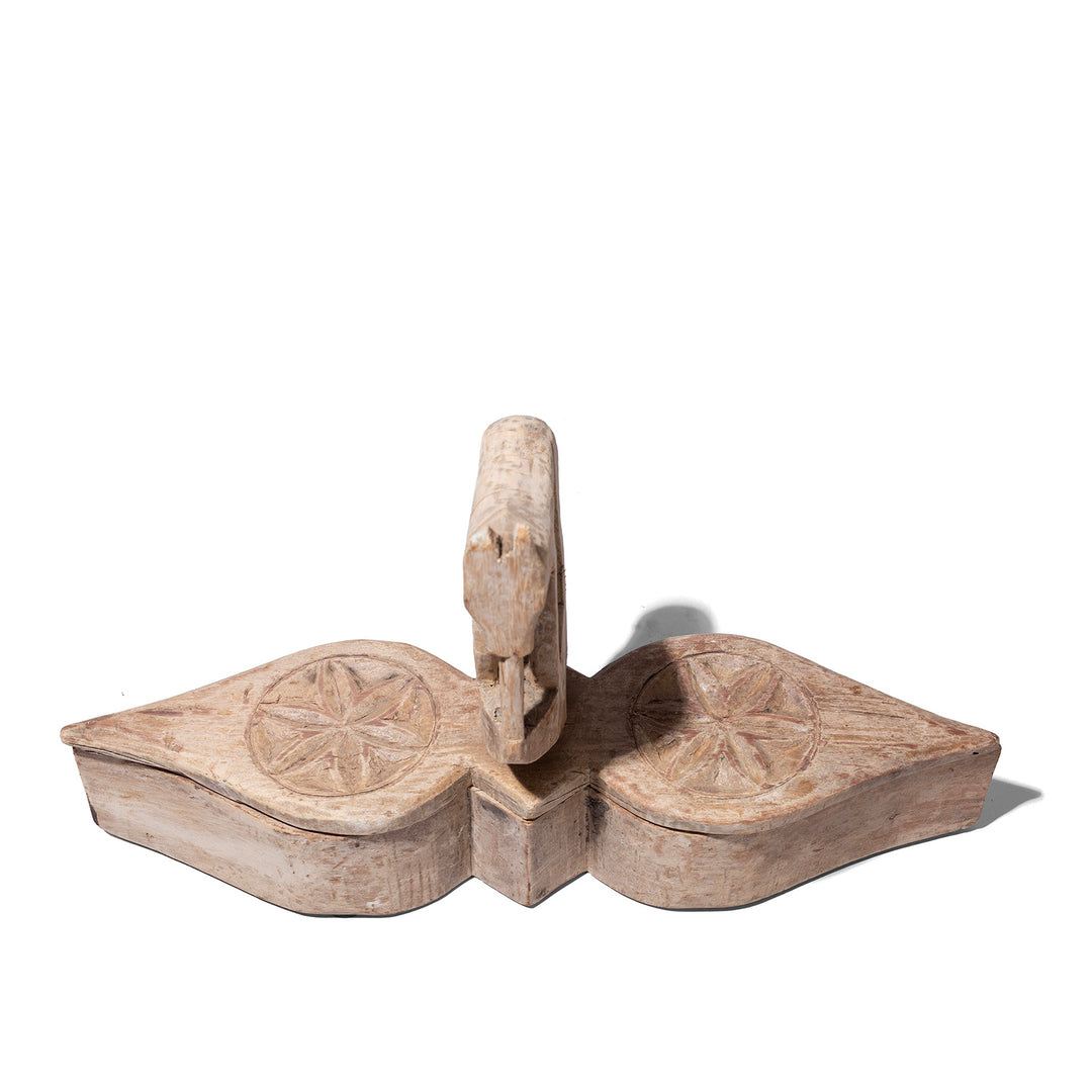Top Down View Of Carved Teak Tika Box From Banswara Rajasthan With Lotus Decoration And Horse Handle 19th Century