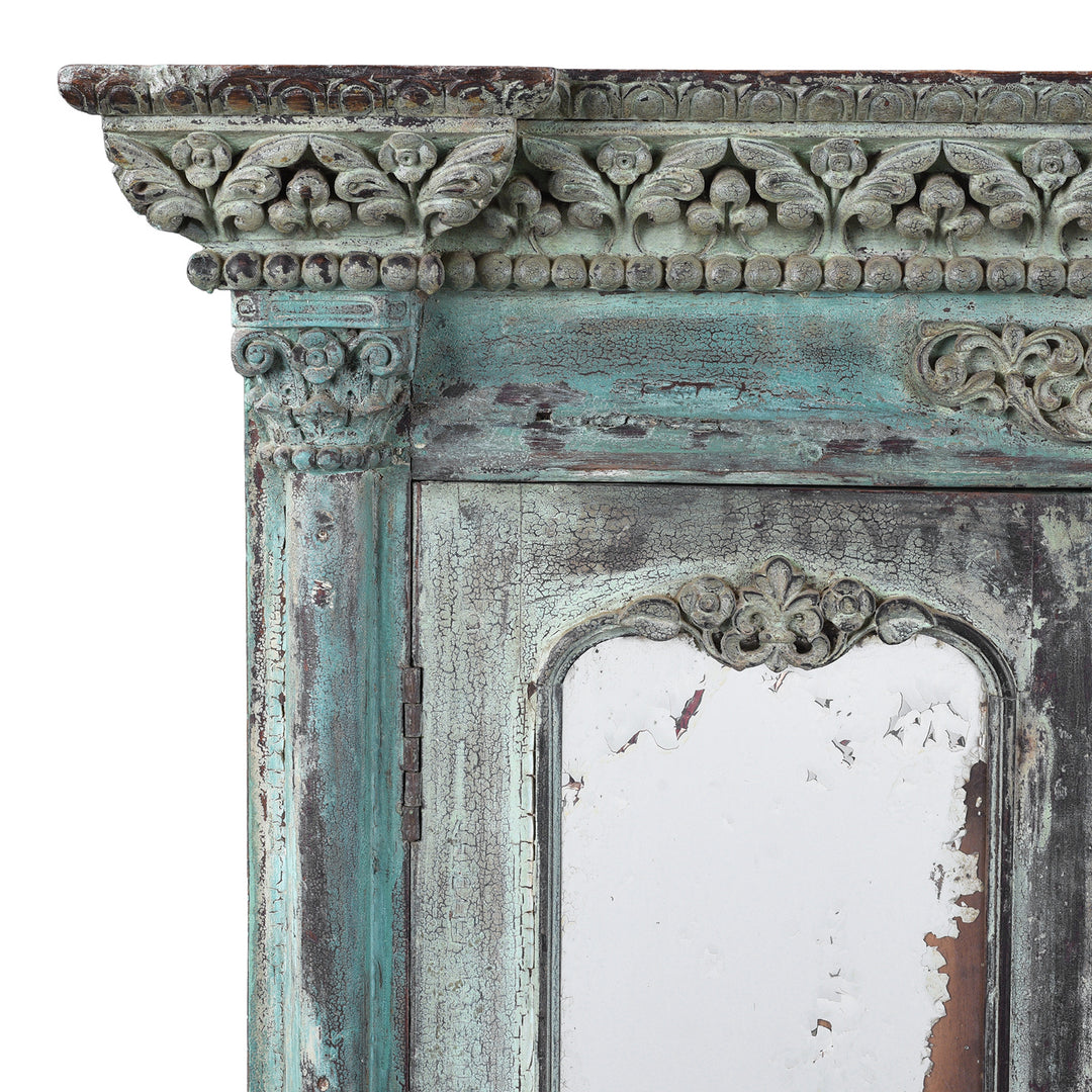 Corner Detail From Green Painted Sunburst Almirah Cabinet With Carved Teak Panels And Distressed Lime Washed Finish