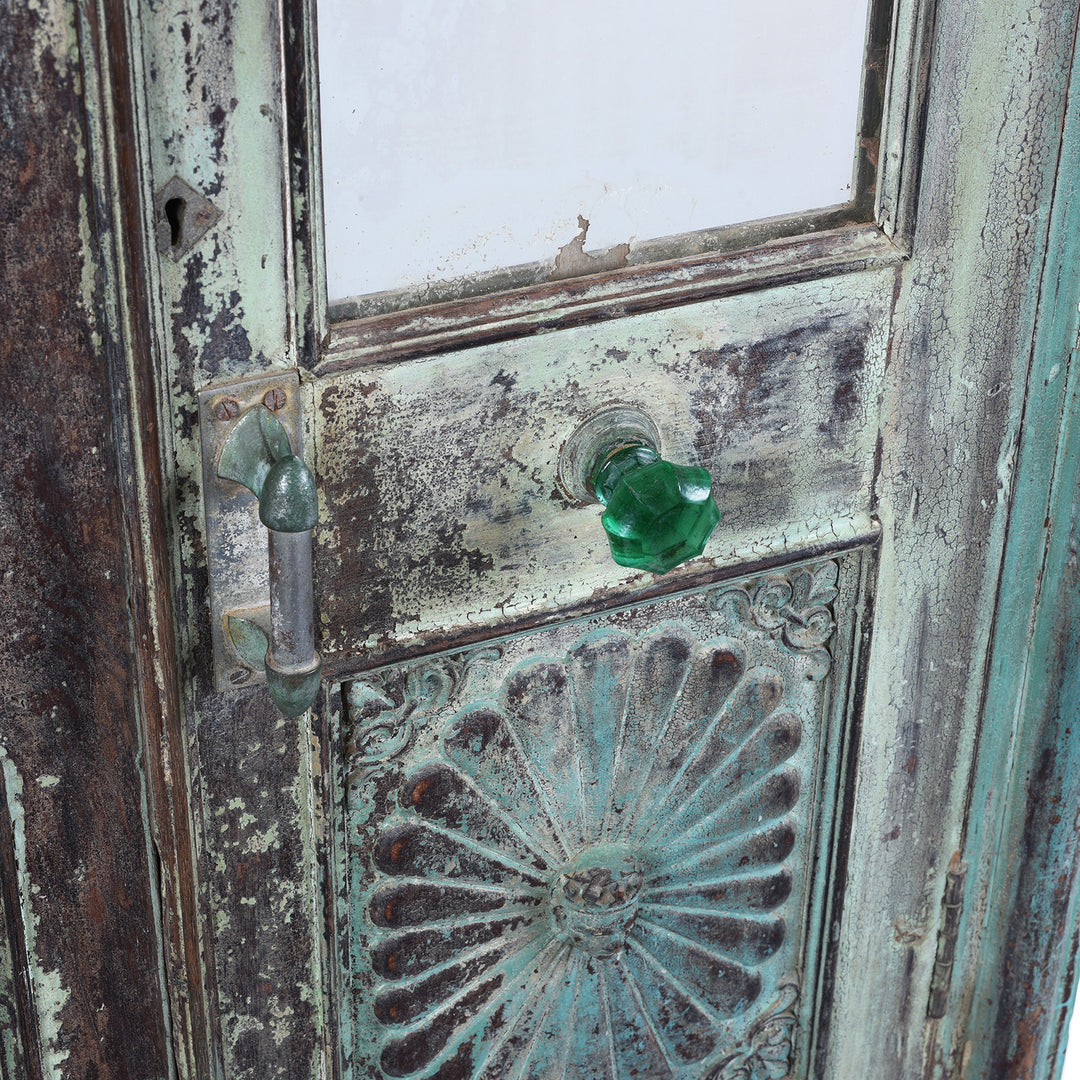 Door Knob Detail From Green Painted Sunburst Almirah Cabinet With Carved Teak Panels And Distressed Lime Washed Finish