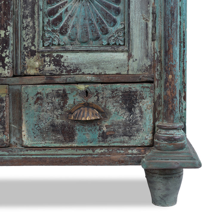 Foot And Drawer Detail From Green Painted Sunburst Almirah Cabinet With Carved Teak Panels And Distressed Lime Washed Finish