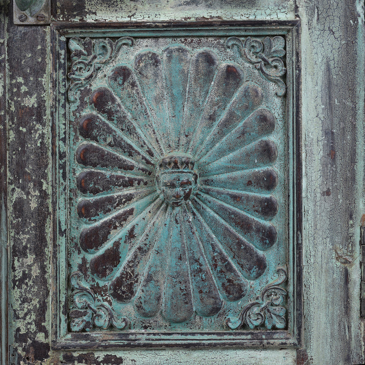 Sunburst Detail From Green Painted Sunburst Almirah Cabinet With Carved Teak Panels And Distressed Lime Washed Finish