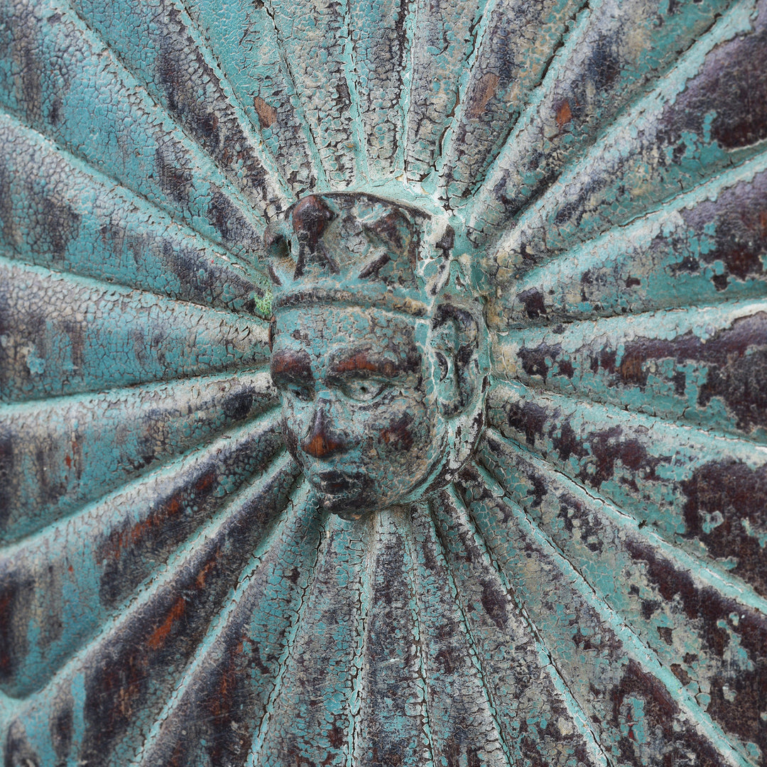 Face Detail From Green Painted Sunburst Almirah Cabinet With Carved Teak Panels And Distressed Lime Washed Finish